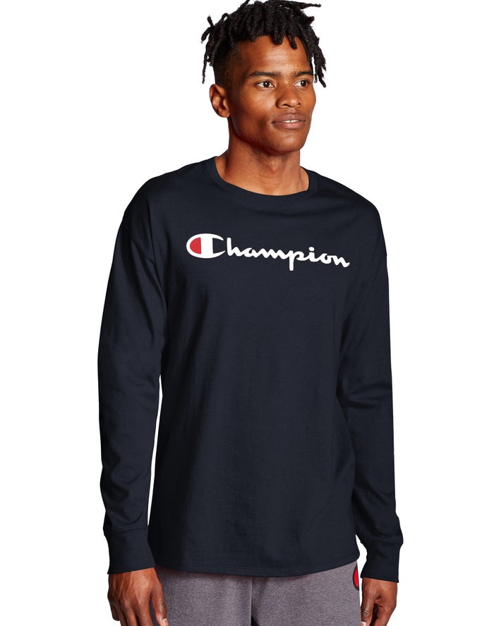 Champion Herre T-Shirts Mørkeblå - Classic Long-Sleeve Script Logo - Danmark GKZ-162095